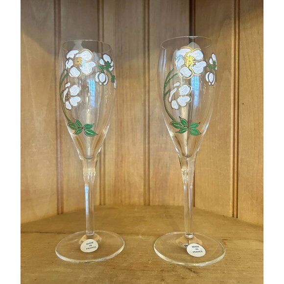 Vintage Perrier Jouet Champagne Flutes Anemone Flower Belle Epoque Set of 2 - Picture 1 of 5